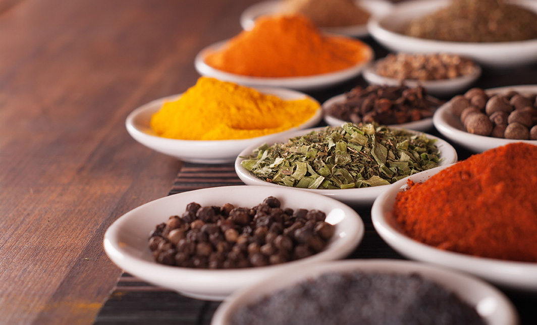 Bowls of seasonings and herbs